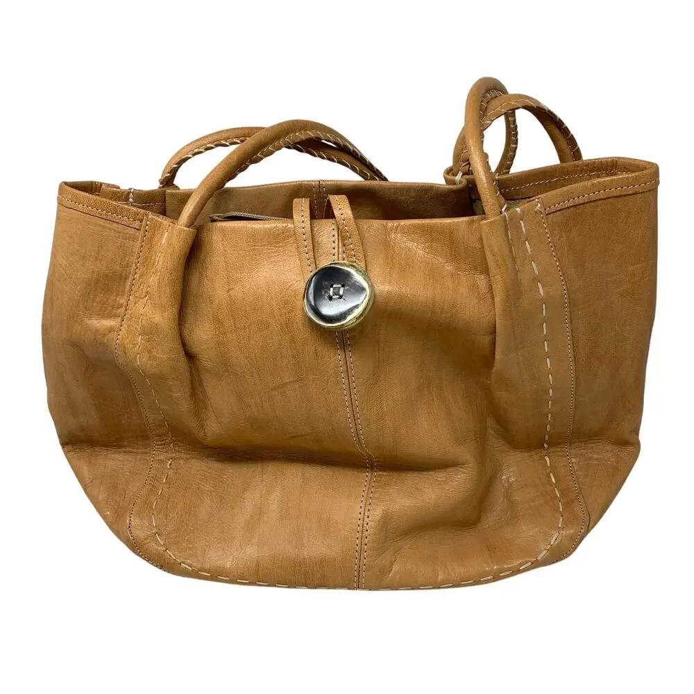 Elegantria Leather Tote Bag Tan Whipstitch Details
